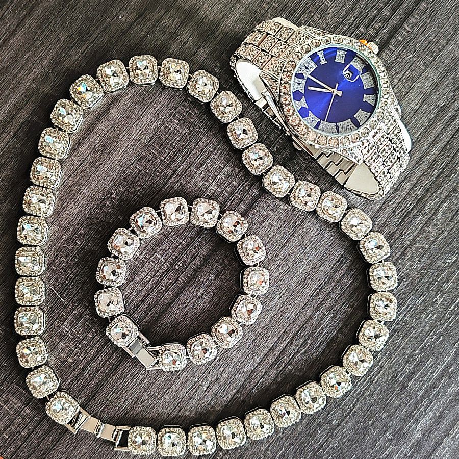 3pcs/set European and American style Hip-hop Diamond Necklace Bracelet Men's Watch Set Silver Quartz  Full Diamond Ice Watch Male Student Steel Band Metal Calendar Gift Set Watch