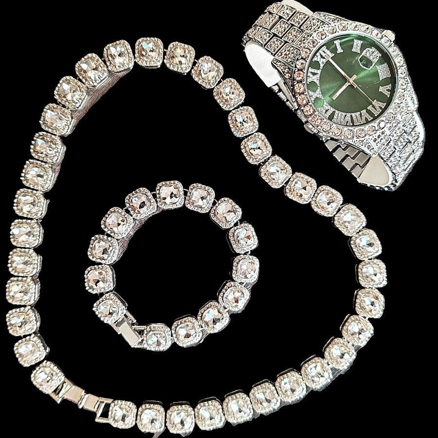 3pcs/set European and American style Hip-hop Diamond Necklace Bracelet Men's Watch Set Silver Quartz  Full Diamond Ice Watch Male Student Steel Band Metal Calendar Gift Set Watch