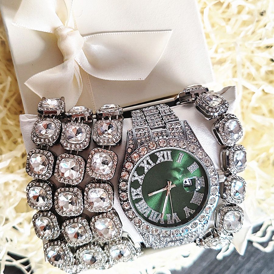 3pcs/set European and American style Hip-hop Diamond Necklace Bracelet Men's Watch Set Silver Quartz  Full Diamond Ice Watch Male Student Steel Band Metal Calendar Gift Set Watch