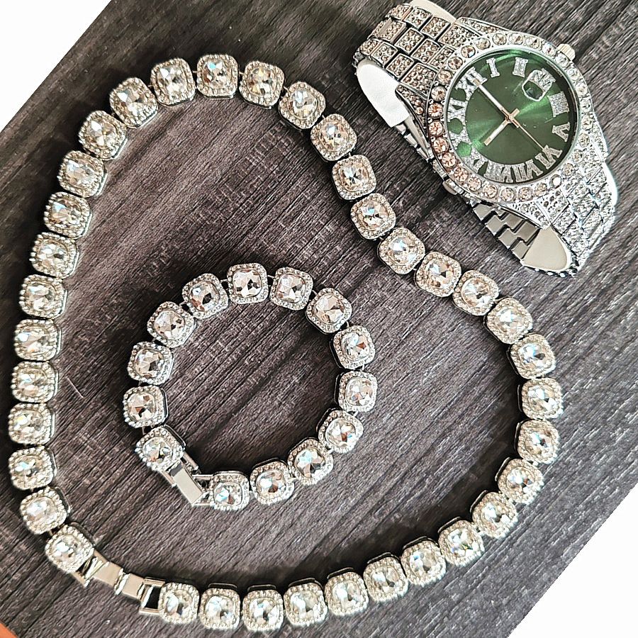 3pcs/set European and American style Hip-hop Diamond Necklace Bracelet Men's Watch Set Silver Quartz  Full Diamond Ice Watch Male Student Steel Band Metal Calendar Gift Set Watch