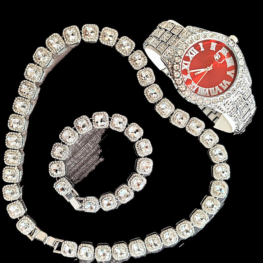 3pcs/set European and American style Hip-hop Diamond Necklace Bracelet Men's Watch Set Silver Quartz  Full Diamond Ice Watch Male Student Steel Band Metal Calendar Gift Set Watch