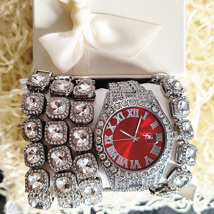 3pcs/set European and American style Hip-hop Diamond Necklace Bracelet Men's Watch Set Silver Quartz  Full Diamond Ice Watch Male Student Steel Band Metal Calendar Gift Set Watch