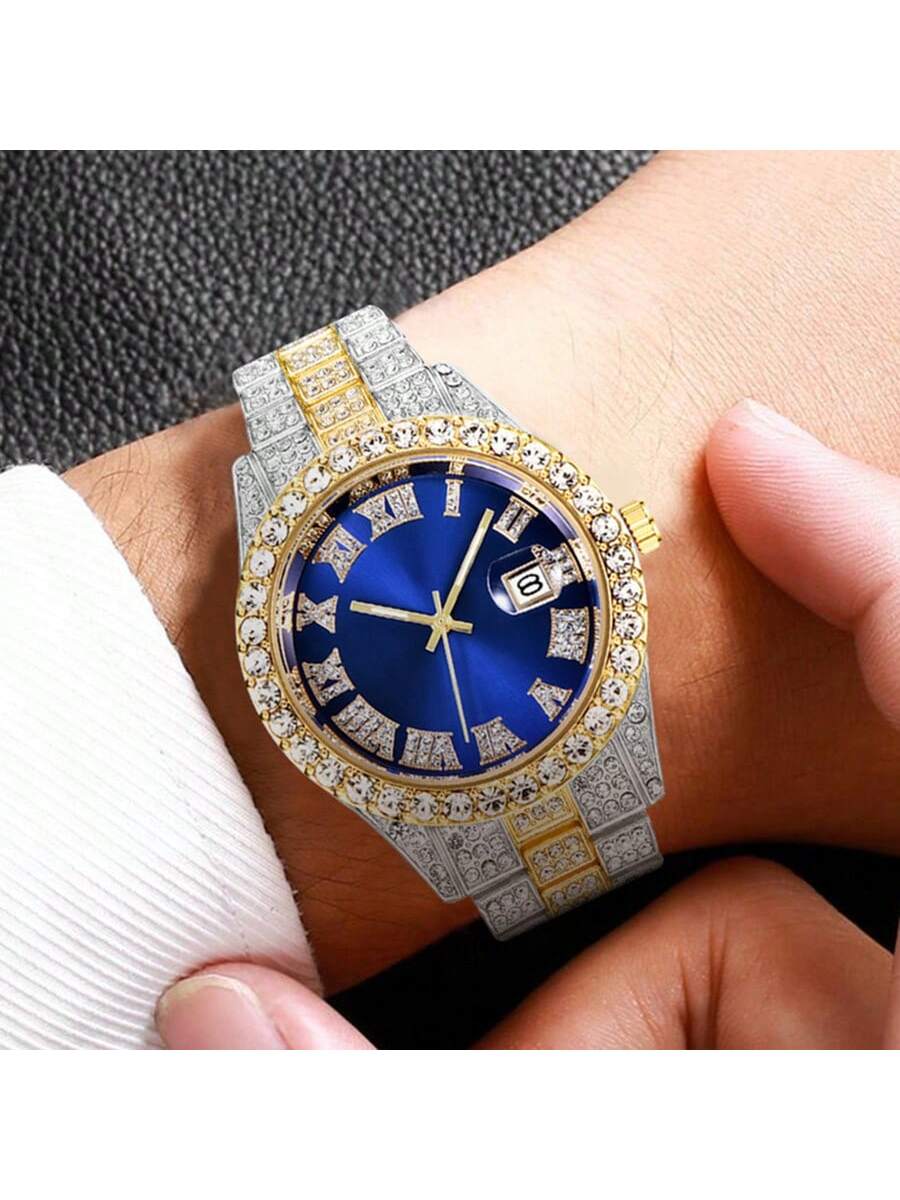 3pcs/set European and American style Hip-hop Diamond Necklace Bracelet Men's Watch Set Gold Quartz  Full Diamond Watch Male Student Steel Band Metal Calendar Gift Set Watch