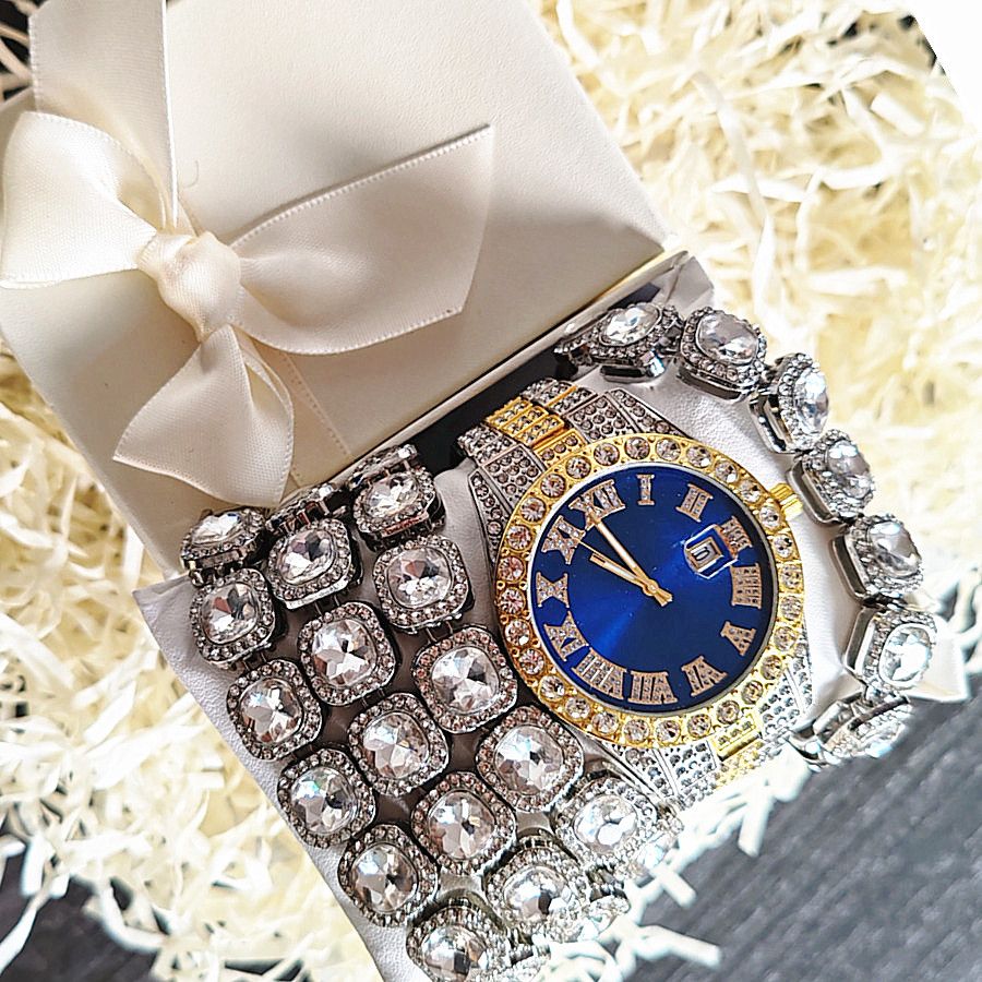 3pcs/set European and American style Hip-hop Diamond Necklace Bracelet Men's Watch Set Gold Quartz  Full Diamond Watch Male Student Steel Band Metal Calendar Gift Set Watch