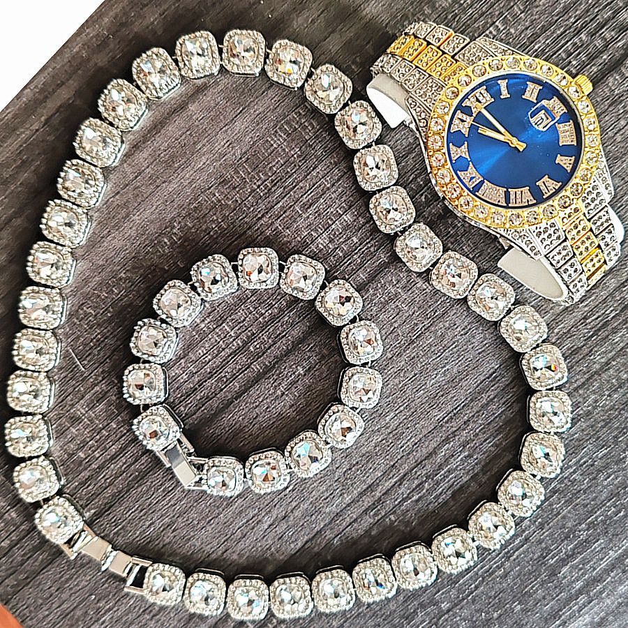 3pcs/set European and American style Hip-hop Diamond Necklace Bracelet Men's Watch Set Gold Quartz  Full Diamond Watch Male Student Steel Band Metal Calendar Gift Set Watch