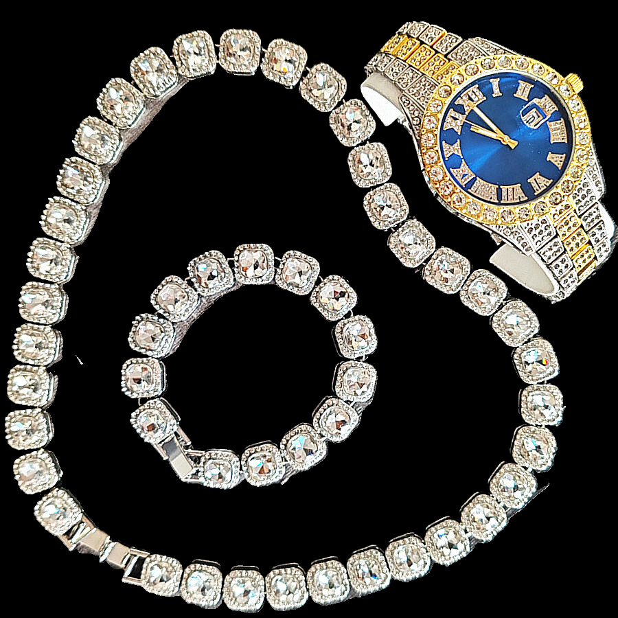 3pcs/set European and American style Hip-hop Diamond Necklace Bracelet Men's Watch Set Gold Quartz  Full Diamond Watch Male Student Steel Band Metal Calendar Gift Set Watch