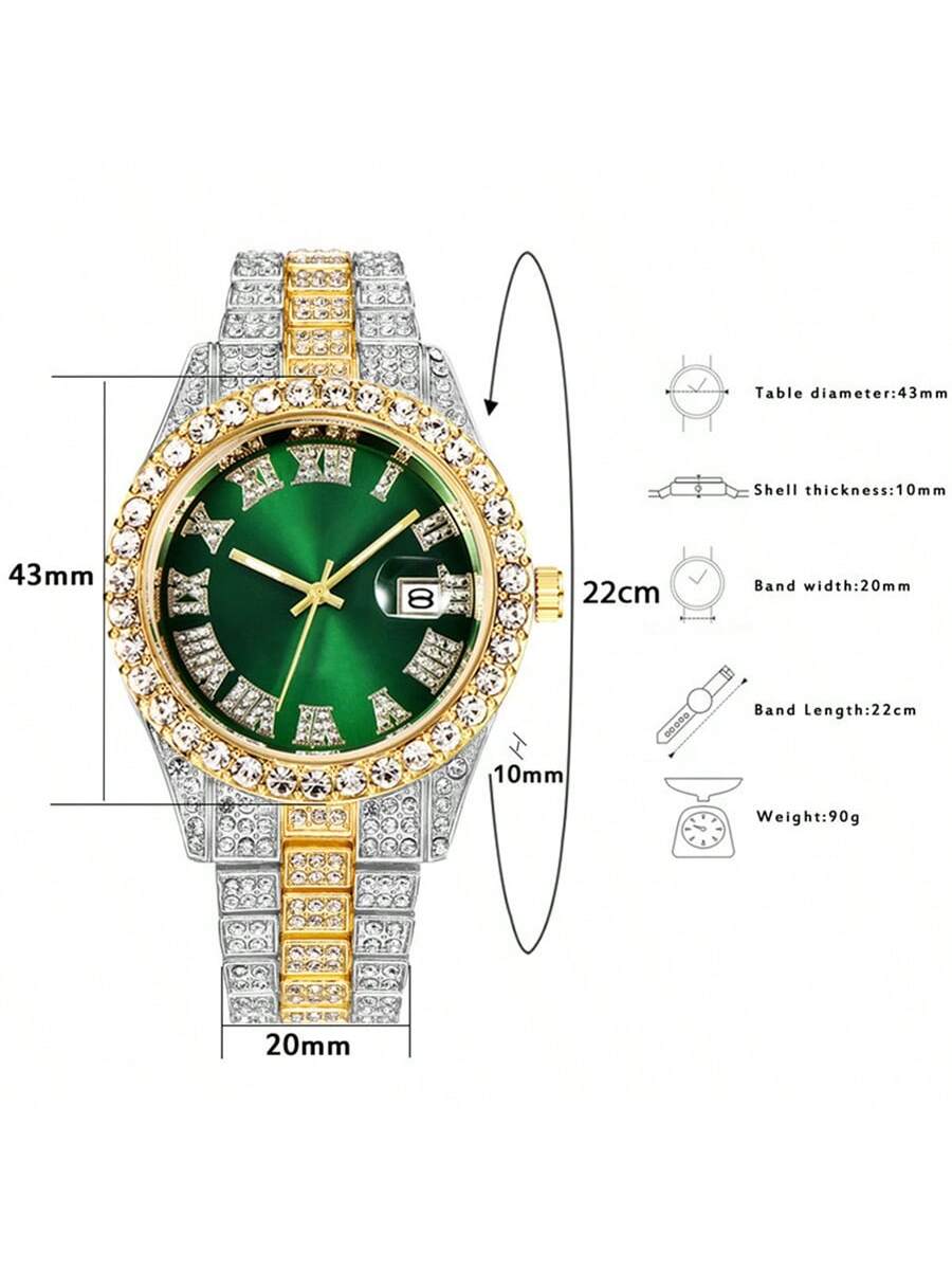 3pcs/set European and American style Hip-hop Diamond Necklace Bracelet Men's Watch Set Gold Quartz  Full Diamond Watch Male Student Steel Band Metal Calendar Gift Set Watch