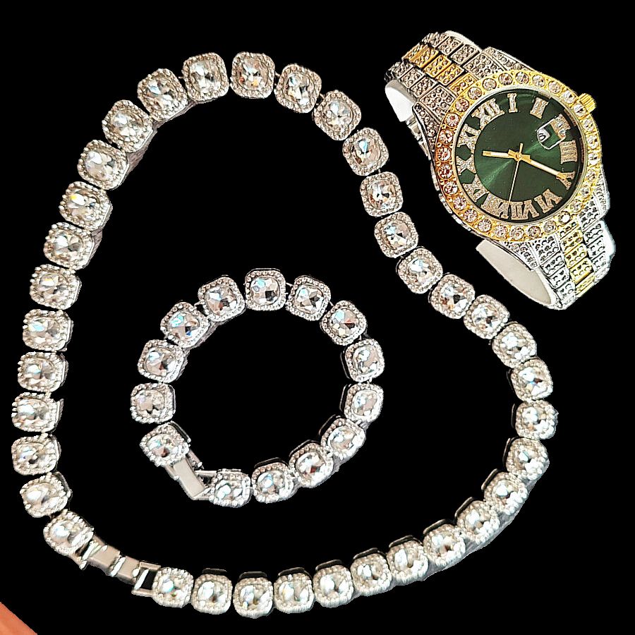 3pcs/set European and American style Hip-hop Diamond Necklace Bracelet Men's Watch Set Gold Quartz  Full Diamond Watch Male Student Steel Band Metal Calendar Gift Set Watch