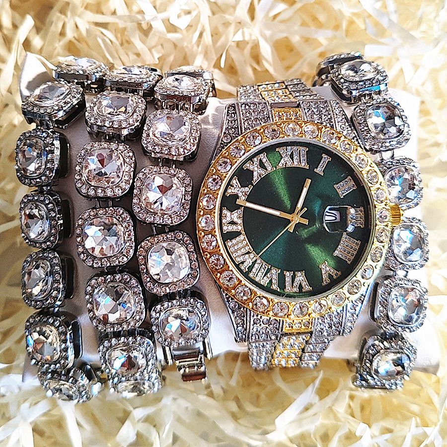 3pcs/set European and American style Hip-hop Diamond Necklace Bracelet Men's Watch Set Gold Quartz  Full Diamond Watch Male Student Steel Band Metal Calendar Gift Set Watch