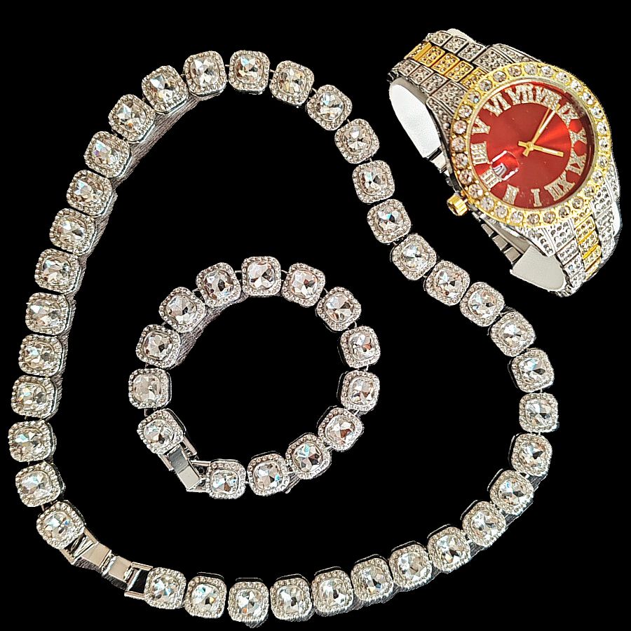 3pcs/set European and American style Hip-hop Diamond Necklace Bracelet Men's Watch Set Gold Quartz  Full Diamond Watch Male Student Steel Band Metal Calendar Gift Set Watch
