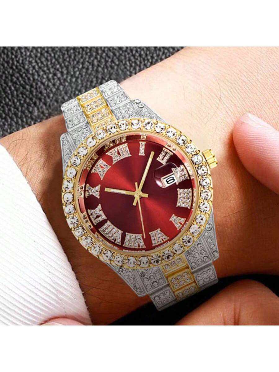 3pcs/set European and American style Hip-hop Diamond Necklace Bracelet Men's Watch Set Gold Quartz  Full Diamond Watch Male Student Steel Band Metal Calendar Gift Set Watch