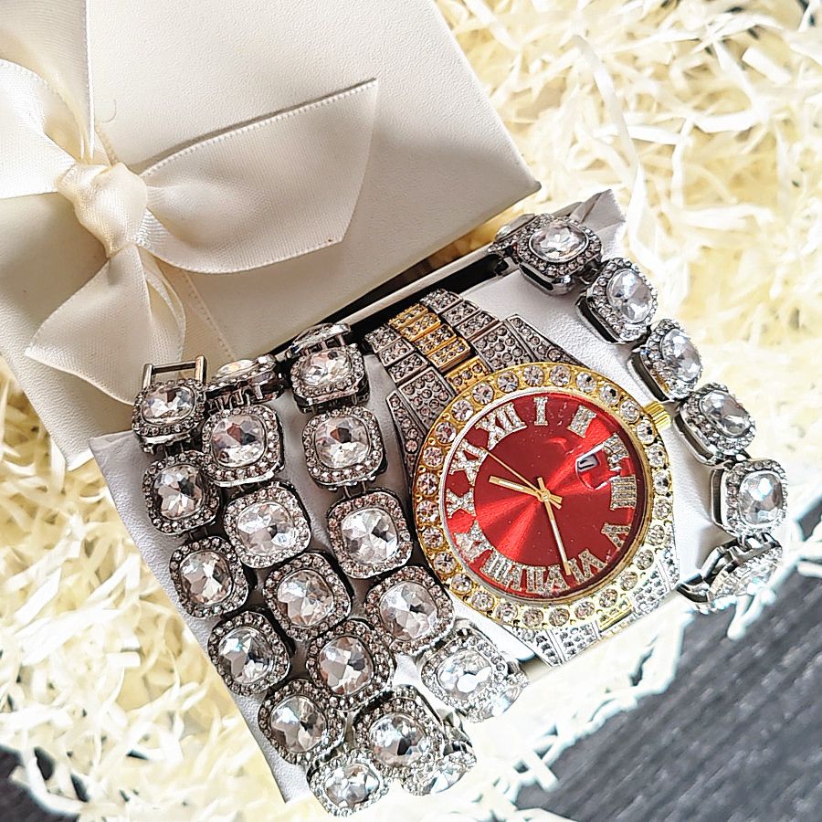 3pcs/set European and American style Hip-hop Diamond Necklace Bracelet Men's Watch Set Gold Quartz  Full Diamond Watch Male Student Steel Band Metal Calendar Gift Set Watch