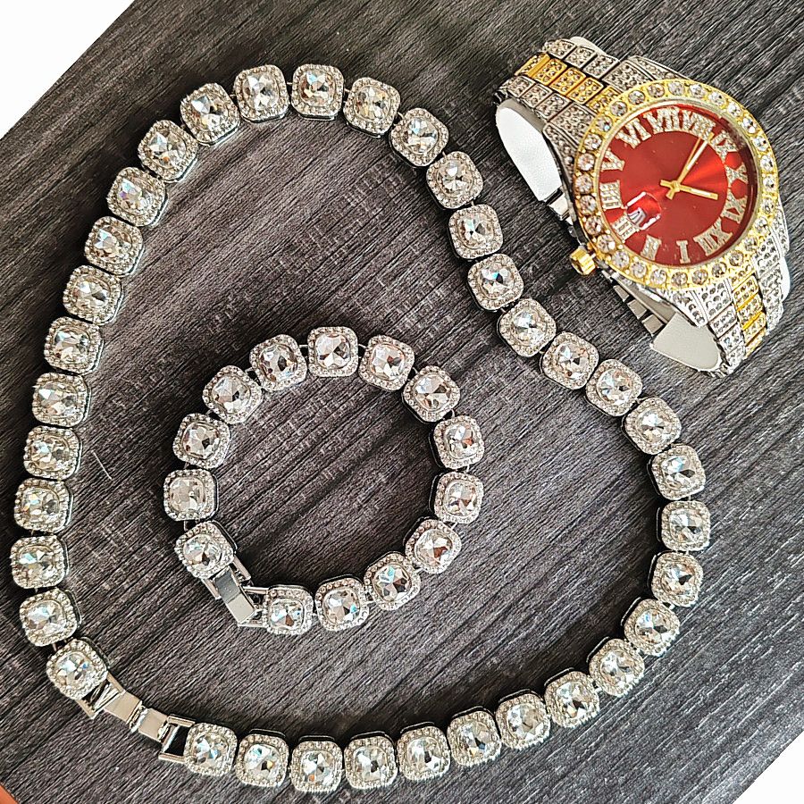 3pcs/set European and American style Hip-hop Diamond Necklace Bracelet Men's Watch Set Gold Quartz  Full Diamond Watch Male Student Steel Band Metal Calendar Gift Set Watch