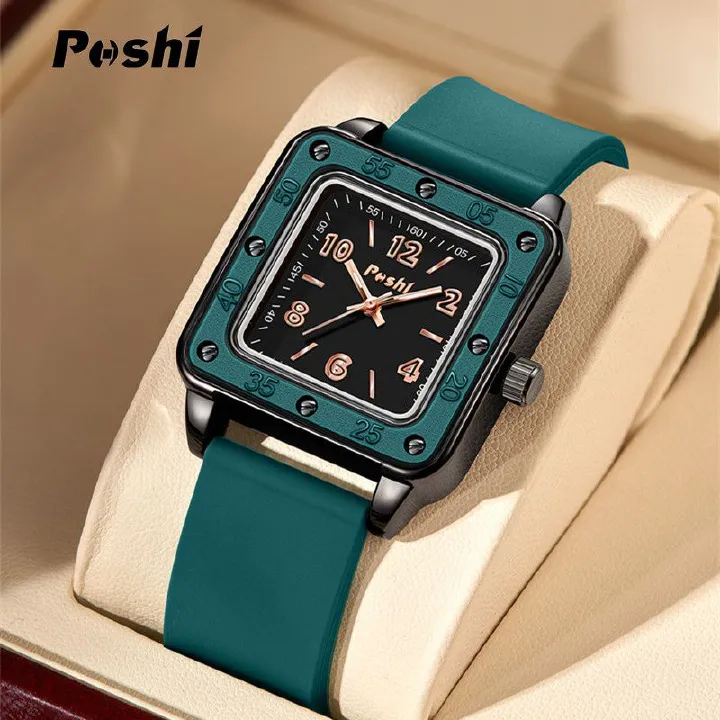 Poshi New Women's Watch Fashion Square Silicone Strap Watches Student Luminous Waterproof Wrist Watch Ladies Quartz Watch