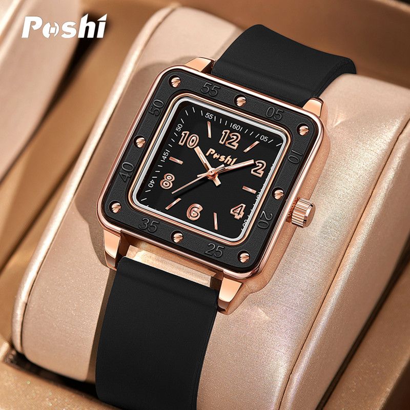 Poshi New Women's Watch Fashion Square Silicone Strap Watches Student Luminous Waterproof Wrist Watch Ladies Quartz Watch