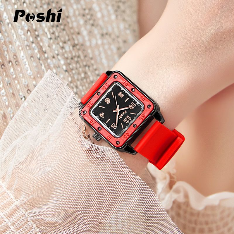 Poshi New Women's Watch Fashion Square Silicone Strap Watches Student Luminous Waterproof Wrist Watch Ladies Quartz Watch