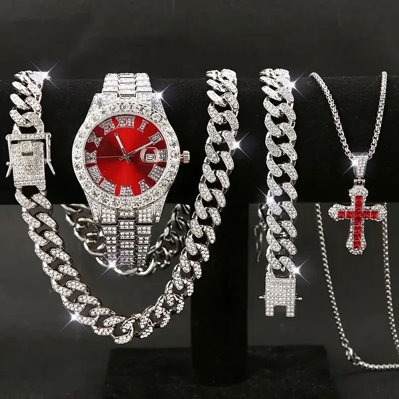 Birthday/Holiday Gift for Boyfriend Men's Trendy Hip-Hop Four-Piece Set: Cuban Link Bracelet + Cuban Link Chain + Cross Zircon Necklace + Calendar Quartz Watch - Street Style Watch Gift Box Set