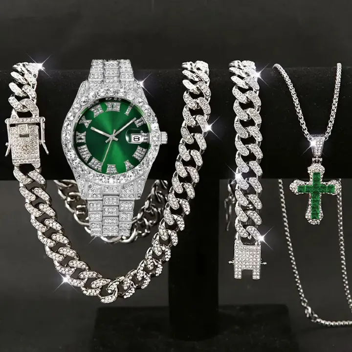 Birthday/Holiday Gift for Boyfriend Men's Trendy Hip-Hop Four-Piece Set: Cuban Link Bracelet + Cuban Link Chain + Cross Zircon Necklace + Calendar Quartz Watch - Street Style Watch Gift Box Set