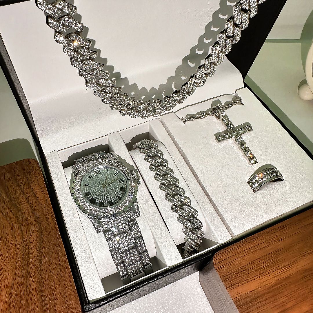 Hiphop5pcs/set Hip Hop Calendar Personalized Handsome Men's Watch Titanium Steel Necklace Bracelet Jewelry Watch Set（1*watch 1*bracelet 1*necklace 1*cross necklace 1*ring）