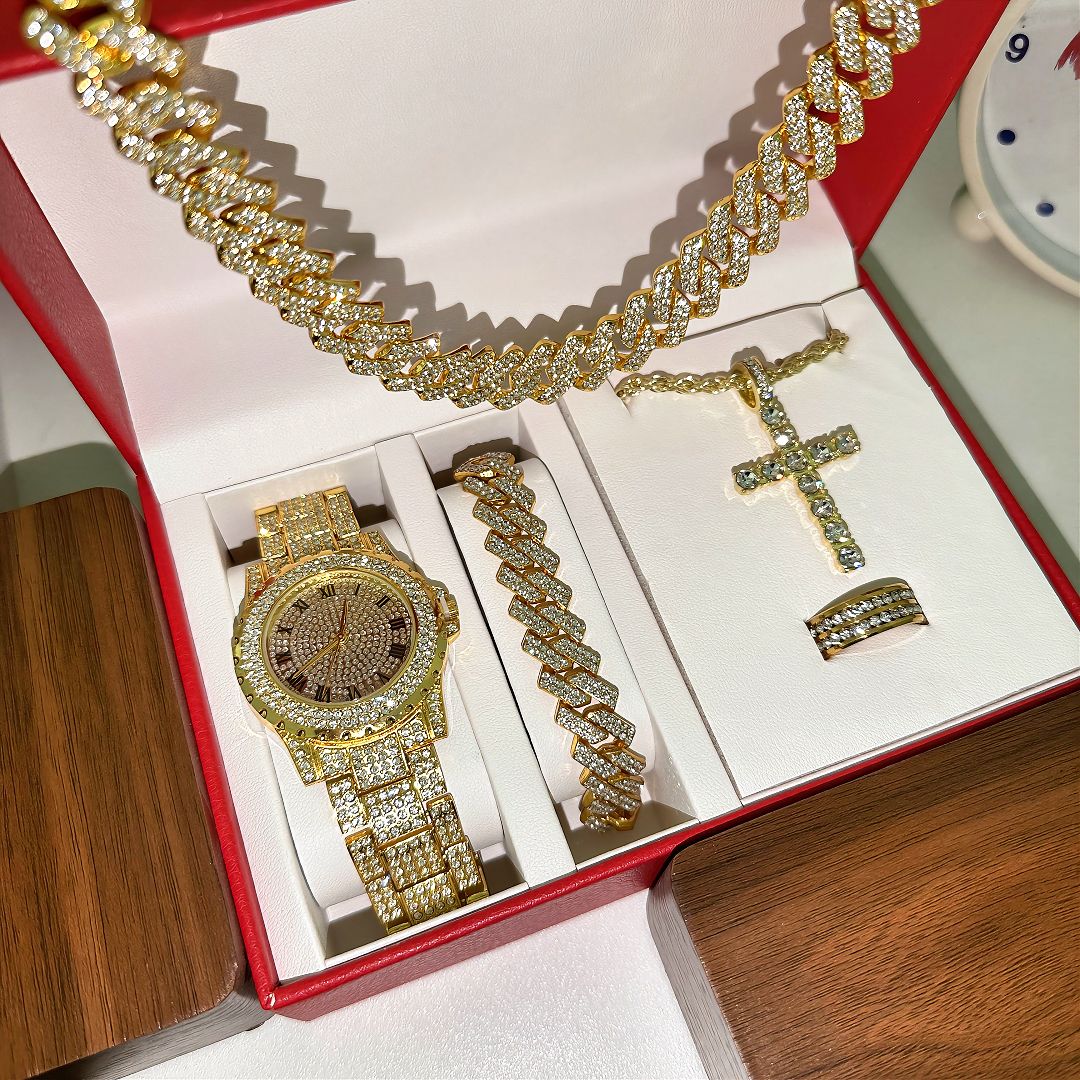 Hiphop5pcs/set Hip Hop Calendar Personalized Handsome Men's Watch Titanium Steel Necklace Bracelet Jewelry Watch Set（1*watch 1*bracelet 1*necklace 1*cross necklace 1*ring）