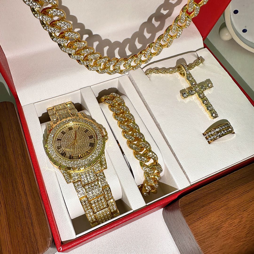 Hiphop5pcs/set Hip Hop Calendar Personalized Handsome Men's Watch Titanium Steel Necklace Bracelet Jewelry Watch Set（1*watch 1*bracelet 1*necklace 1*cross necklace 1*ring）