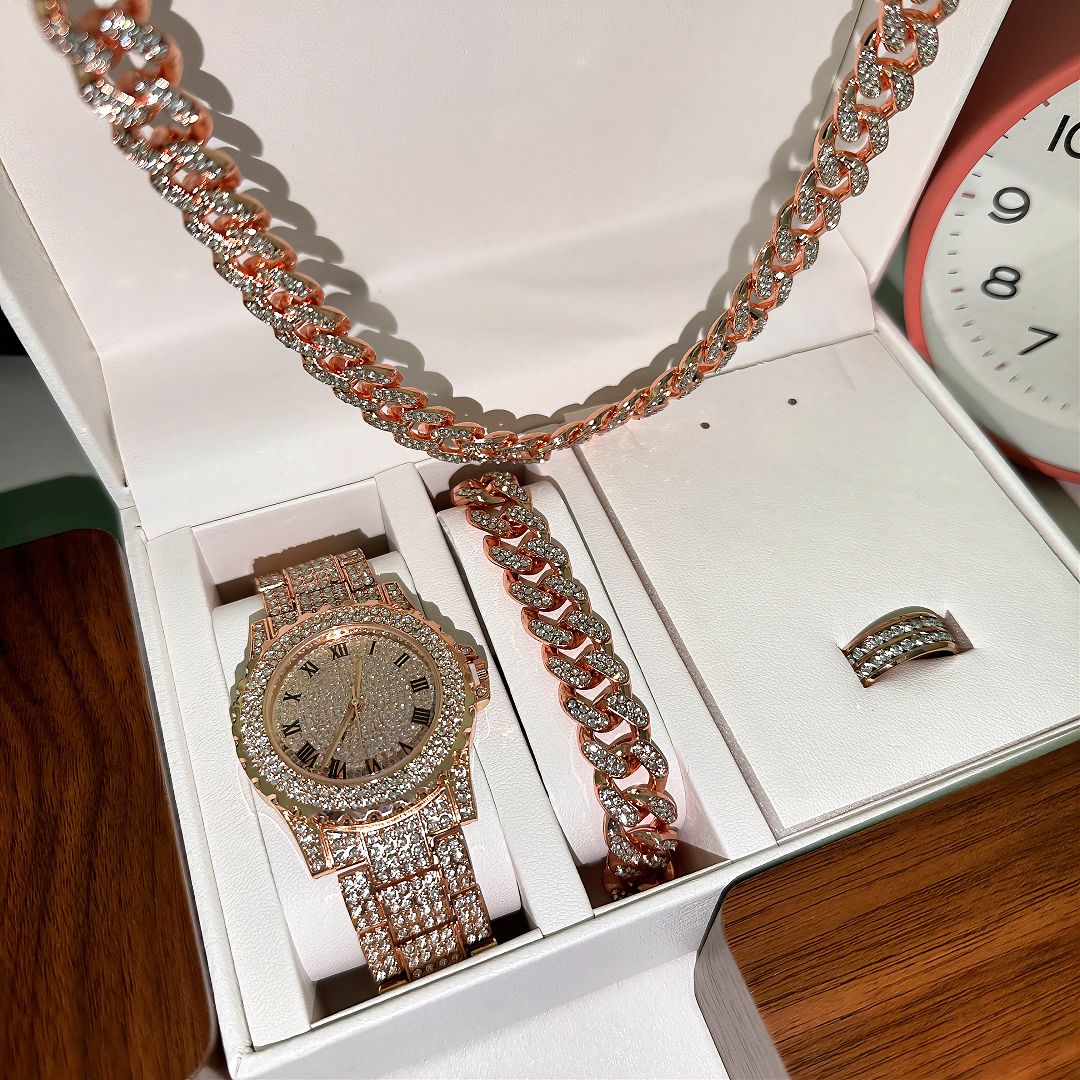 Hiphop5pcs/set Hip Hop Calendar Personalized Handsome Men's Watch Titanium Steel Necklace Bracelet Jewelry Watch Set（1*watch 1*bracelet 1*necklace 1*cross necklace 1*ring）