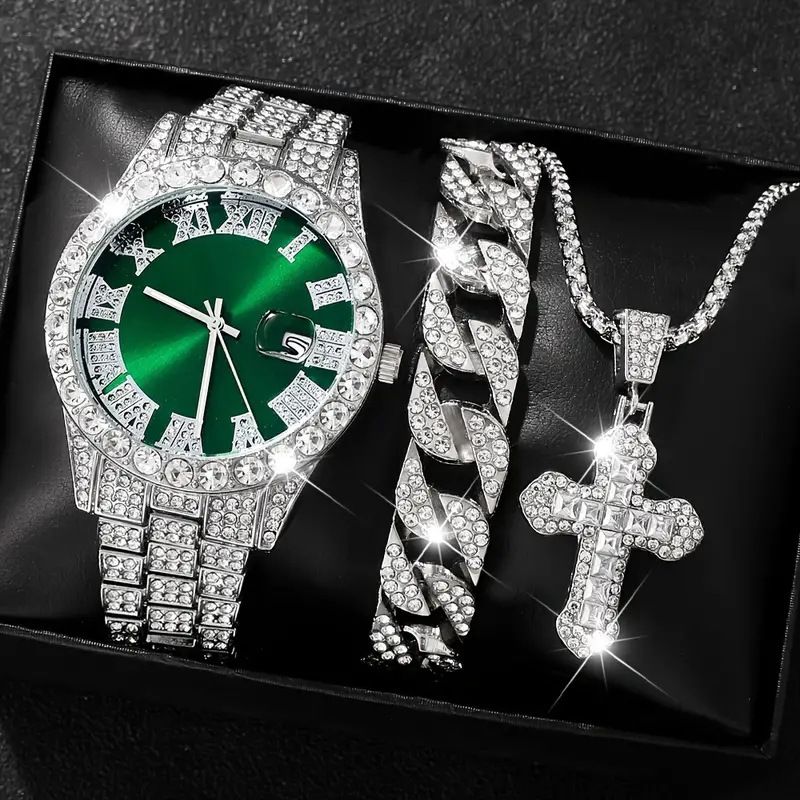Bling Bling Rapper Chain WatchSparkling Green and Silver SetPerfect for Hip Hop EnthusiastsGift Option for Teens(1*watch1*bracelet1*necklace）