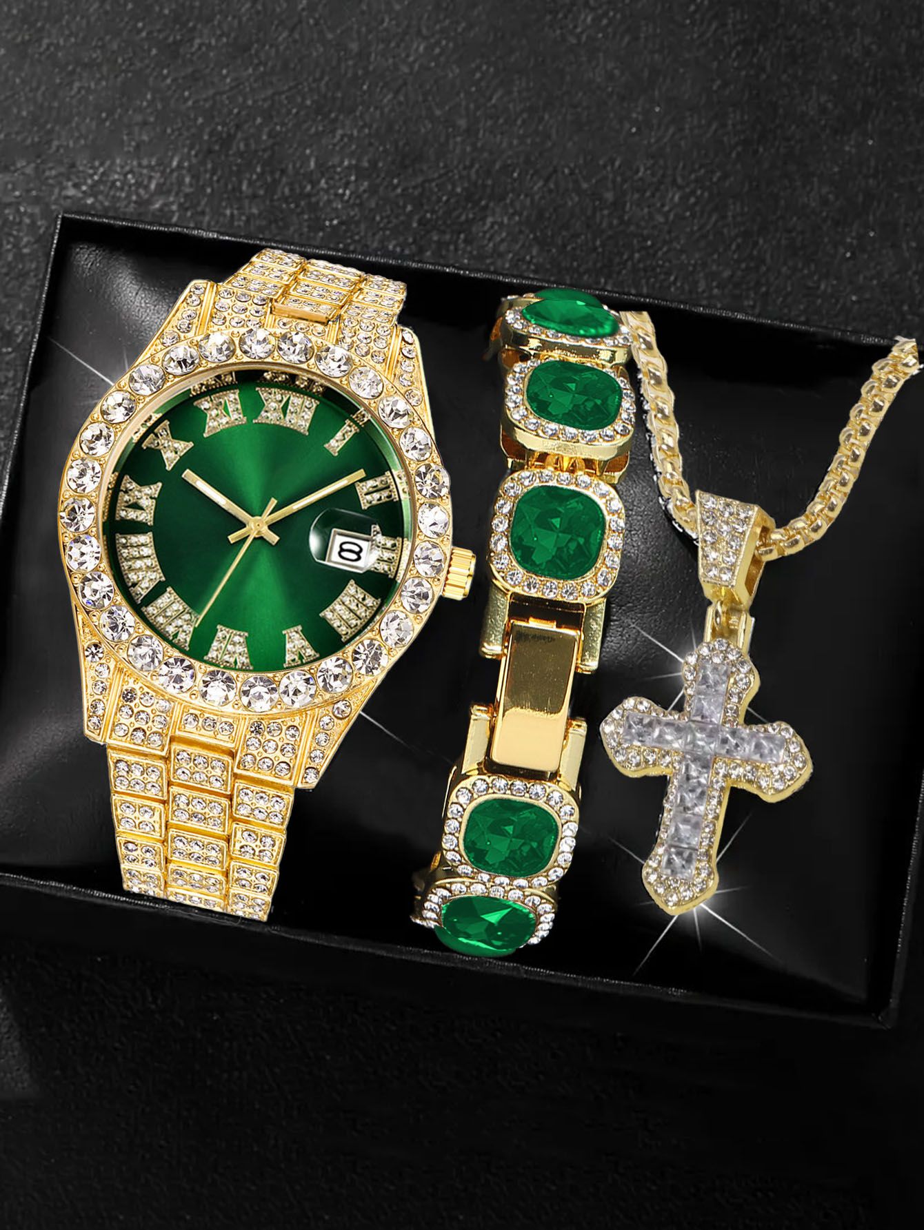 Bling Bling Rapper Chain WatchSparkling Green and Silver SetPerfect for Hip Hop EnthusiastsGift Option for Teens(1*watch1*bracelet1*necklace）