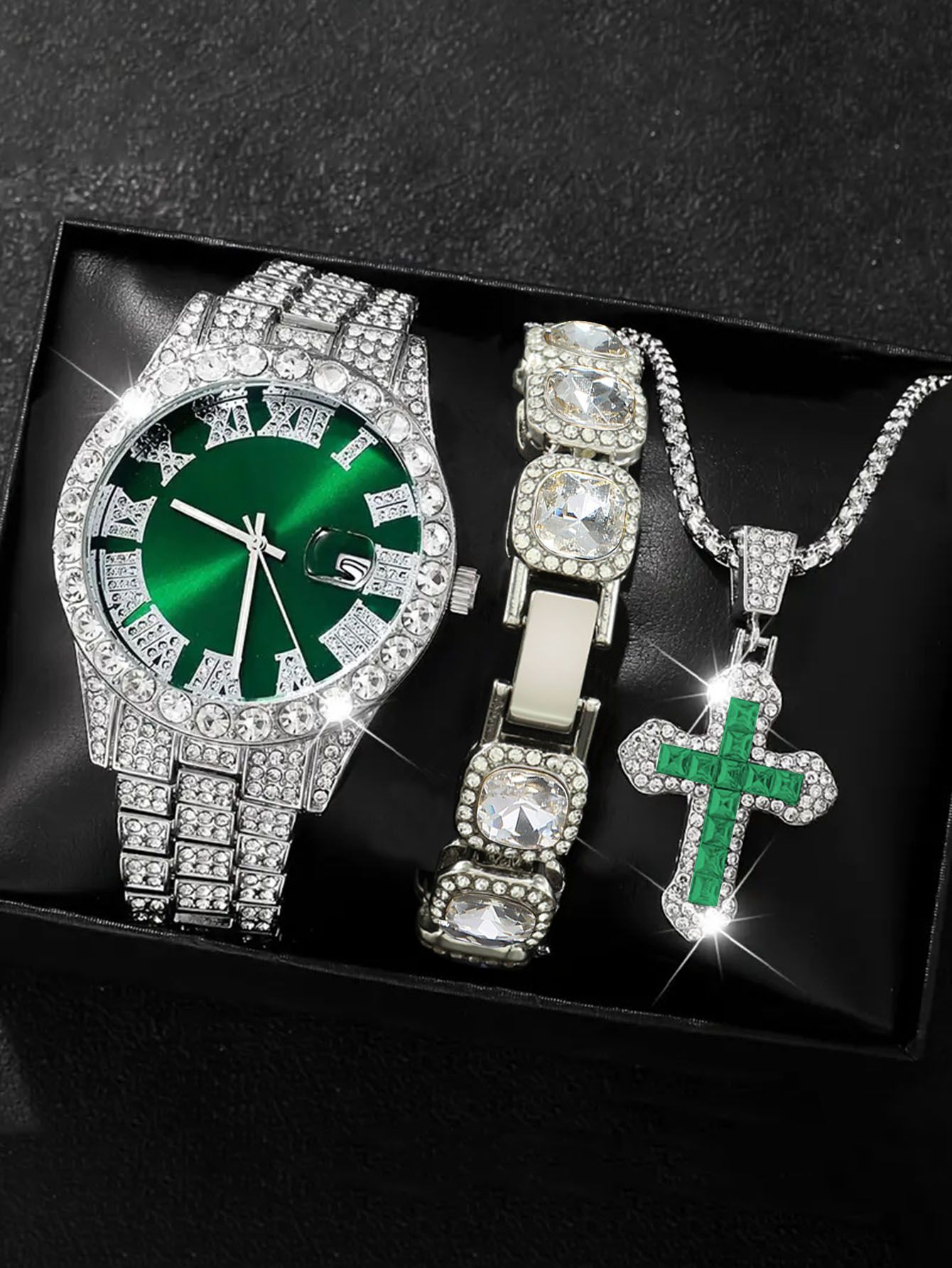 Bling Bling Rapper Chain WatchSparkling Green and Silver SetPerfect for Hip Hop EnthusiastsGift Option for Teens(1*watch1*bracelet1*necklace）