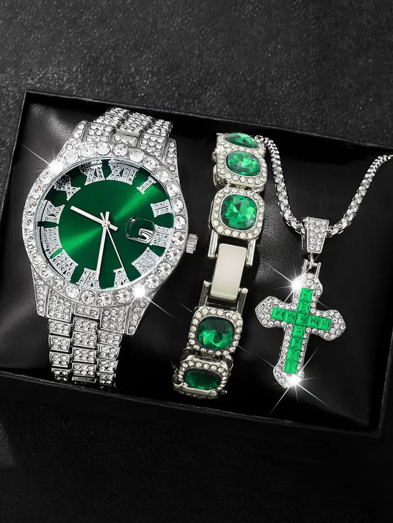 Bling Bling Rapper Chain WatchSparkling Green and Silver SetPerfect for Hip Hop EnthusiastsGift Option for Teens(1*watch1*bracelet1*necklace）