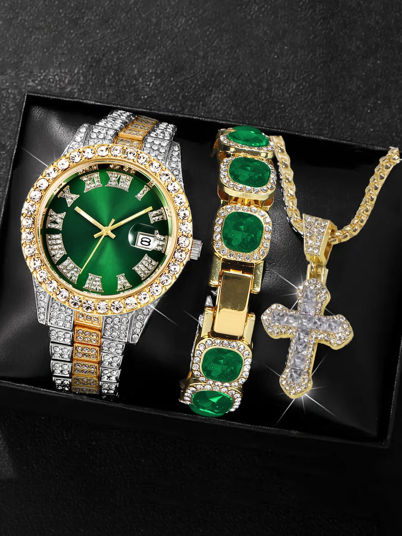 Bling Bling Rapper Chain WatchSparkling Green and Silver SetPerfect for Hip Hop EnthusiastsGift Option for Teens(1*watch1*bracelet1*necklace）