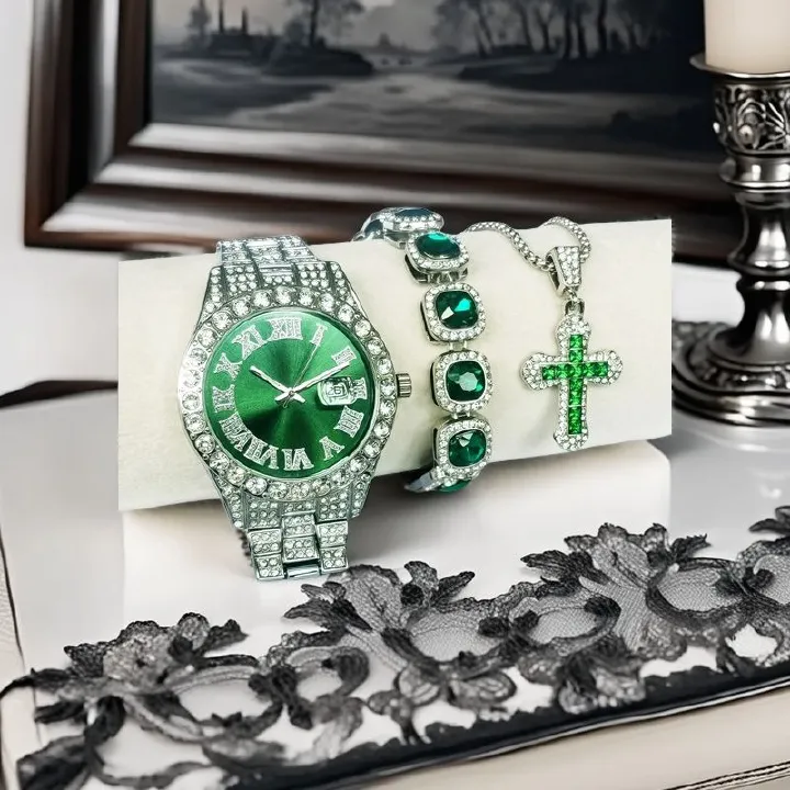 Bling Bling Rapper Chain WatchSparkling Green and Silver SetPerfect for Hip Hop EnthusiastsGift Option for Teens(1*watch1*bracelet1*necklace）