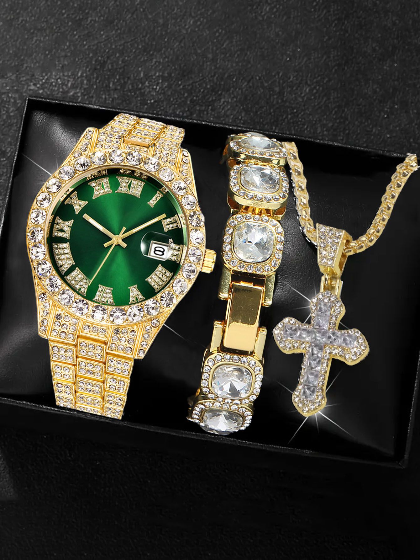 Bling Bling Rapper Chain WatchSparkling Green and Silver SetPerfect for Hip Hop EnthusiastsGift Option for Teens(1*watch1*bracelet1*necklace）