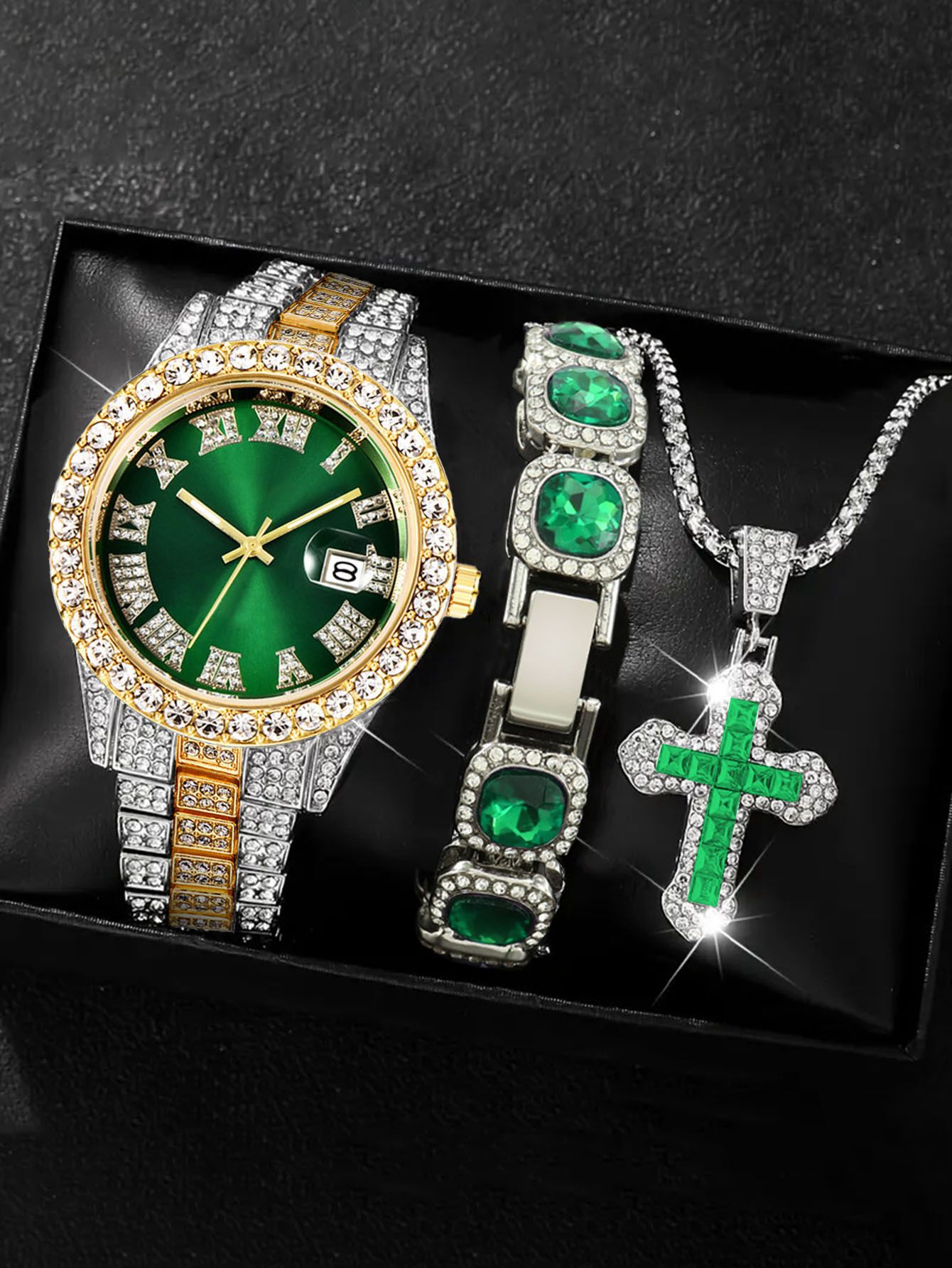 Bling Bling Rapper Chain WatchSparkling Green and Silver SetPerfect for Hip Hop EnthusiastsGift Option for Teens(1*watch1*bracelet1*necklace）