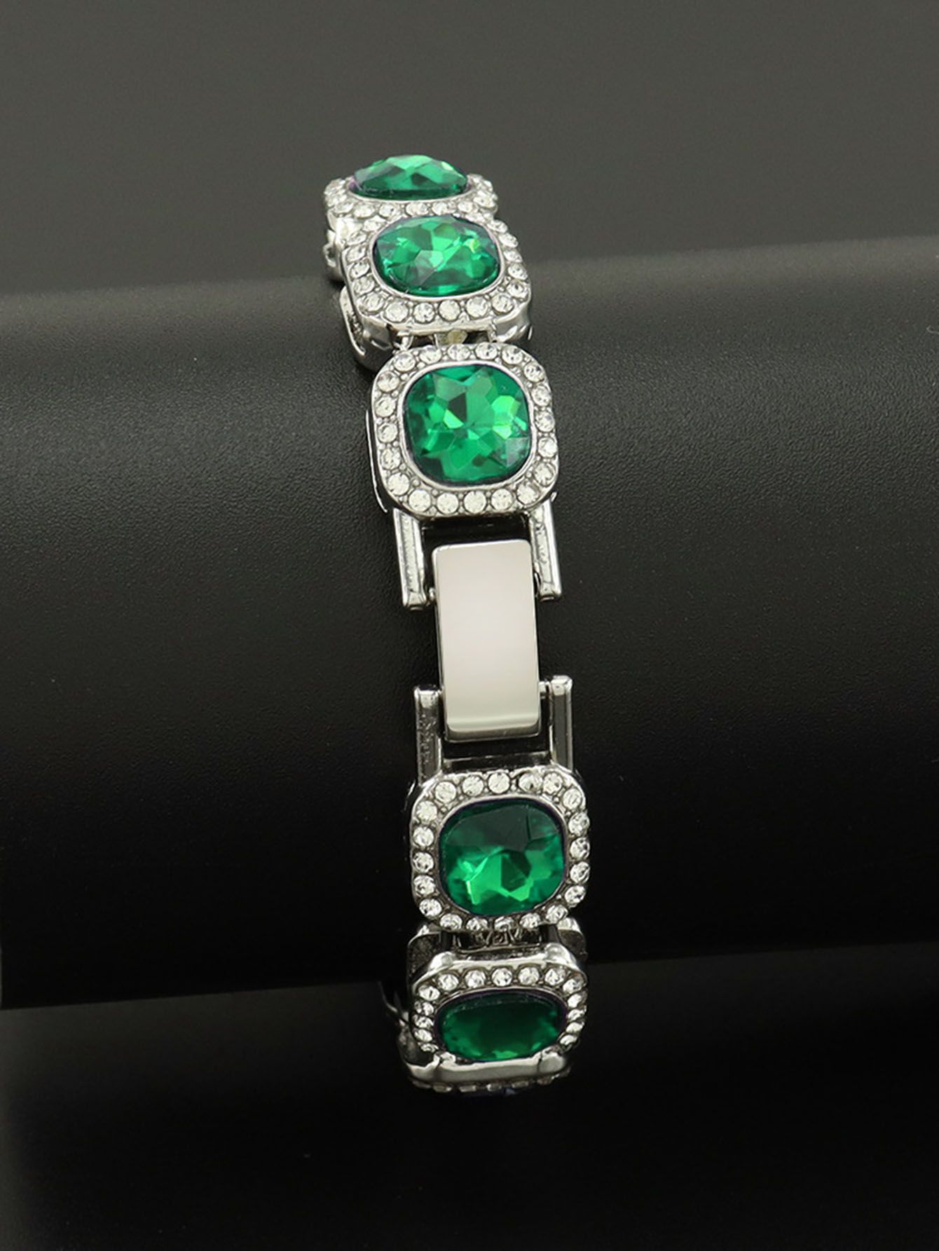 Bling Bling Rapper Chain WatchSparkling Green and Silver SetPerfect for Hip Hop EnthusiastsGift Option for Teens(1*watch1*bracelet1*necklace）