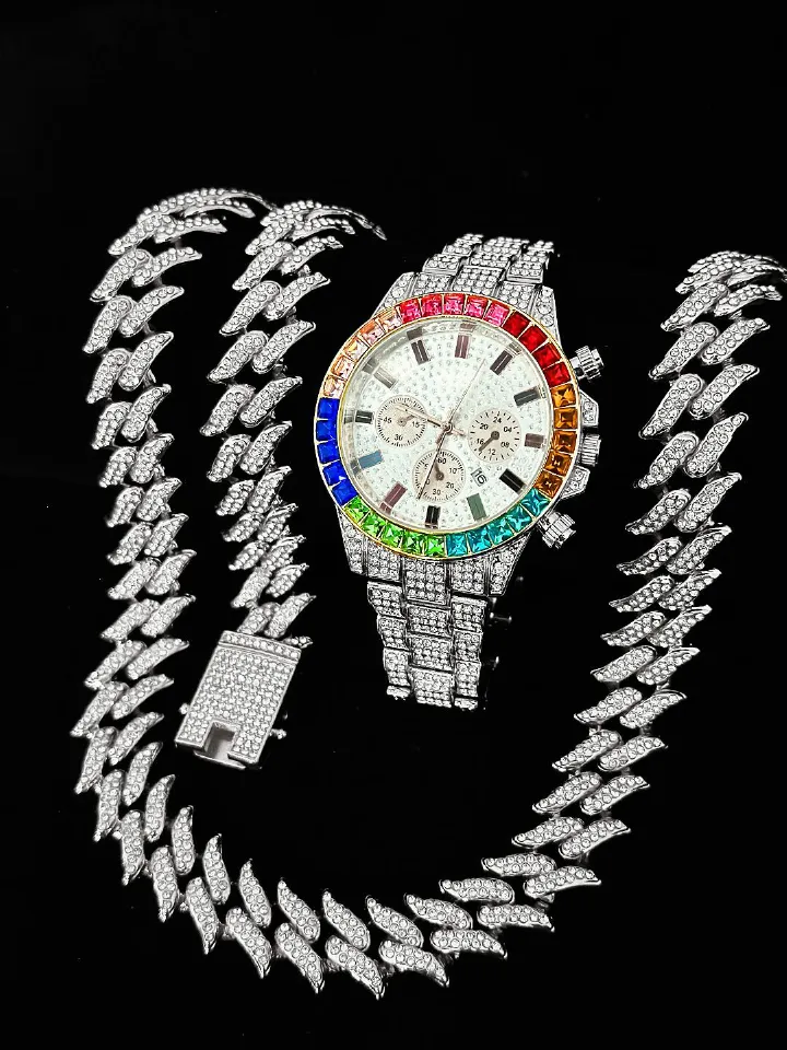 Luxury Unisex Jewelry Set Bling Icedout Cuban Necklace Watch Bracelet For Man Street Style Bar Club Rap Holiday Gifts Daily Wear(1*watch1*bracelet 1*necklace）