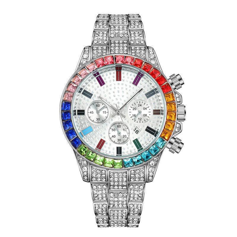 Luxury Unisex Jewelry Set Bling Icedout Cuban Necklace Watch Bracelet For Man Street Style Bar Club Rap Holiday Gifts Daily Wear(1*watch1*bracelet 1*necklace）