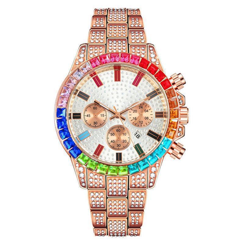 Luxury Unisex Jewelry Set Bling Icedout Cuban Necklace Watch Bracelet For Man Street Style Bar Club Rap Holiday Gifts Daily Wear(1*watch1*bracelet 1*necklace）