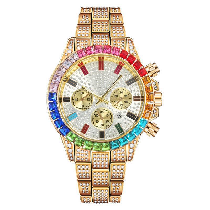 Luxury Unisex Jewelry Set Bling Icedout Cuban Necklace Watch Bracelet For Man Street Style Bar Club Rap Holiday Gifts Daily Wear(1*watch1*bracelet 1*necklace）