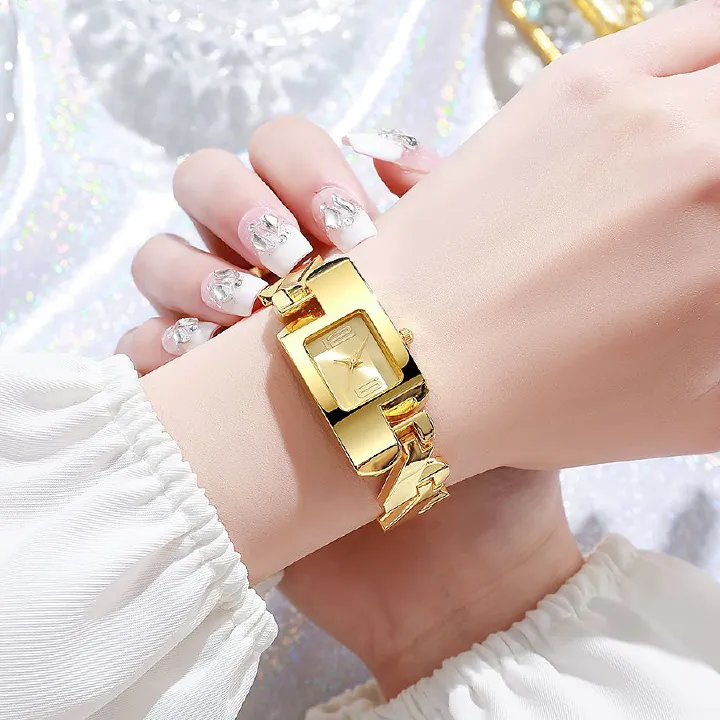 Ladies' fashion medieval classic gold alloy yellow square watch studded hollow bracelet watchSteel Belt Quartz Watch