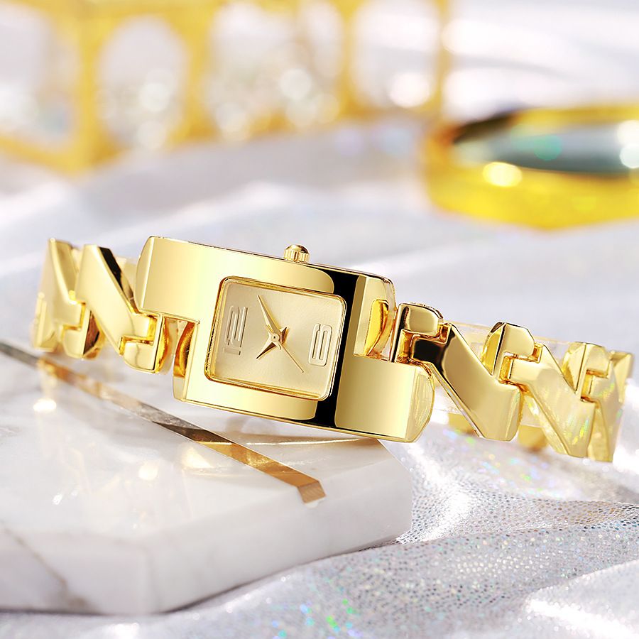 Ladies' fashion medieval classic gold alloy yellow square watch studded hollow bracelet watchSteel Belt Quartz Watch