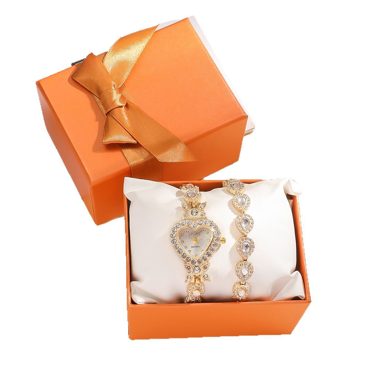 Ladies' heart-shaped case, dot scale dial diamond-encrusted flower pattern detachable bracelet fashionable heart-shaped watch