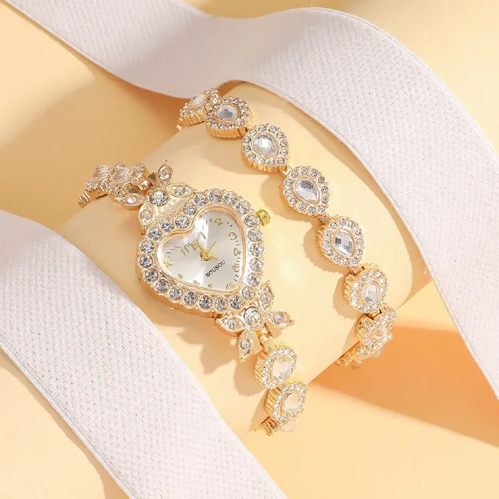Ladies' heart-shaped case, dot scale dial diamond-encrusted flower pattern detachable bracelet fashionable heart-shaped watch