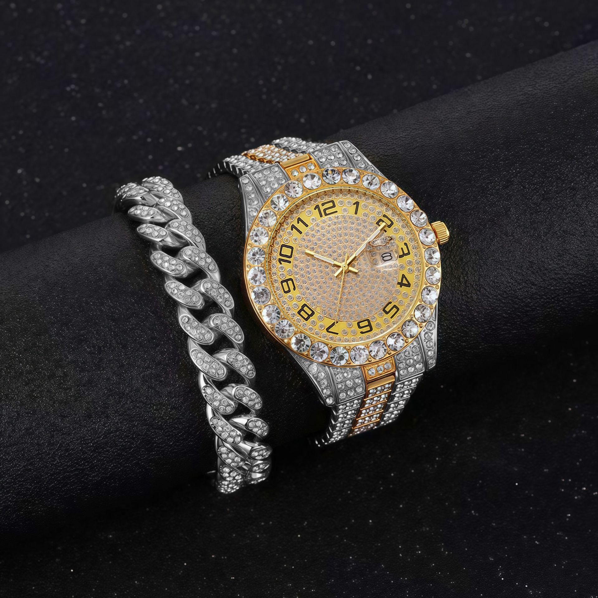 Fashion hip-hop style chain full diamond watch+diamond bracelet (2pcs/set) street brand fine steel steel belt