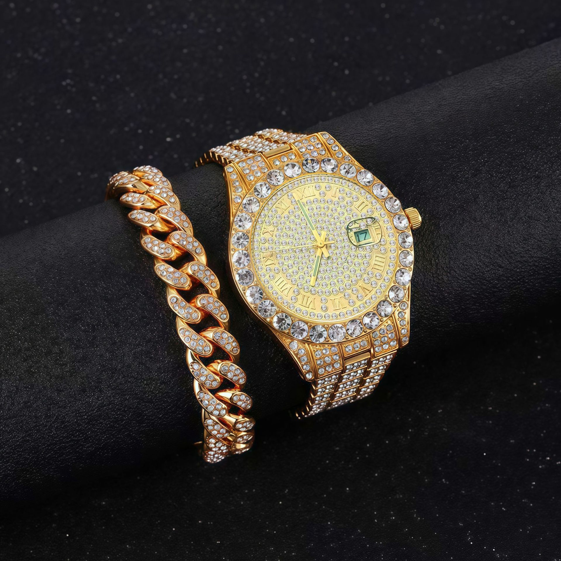 Fashion hip-hop style chain full diamond watch+diamond bracelet (2pcs/set) street brand fine steel steel belt