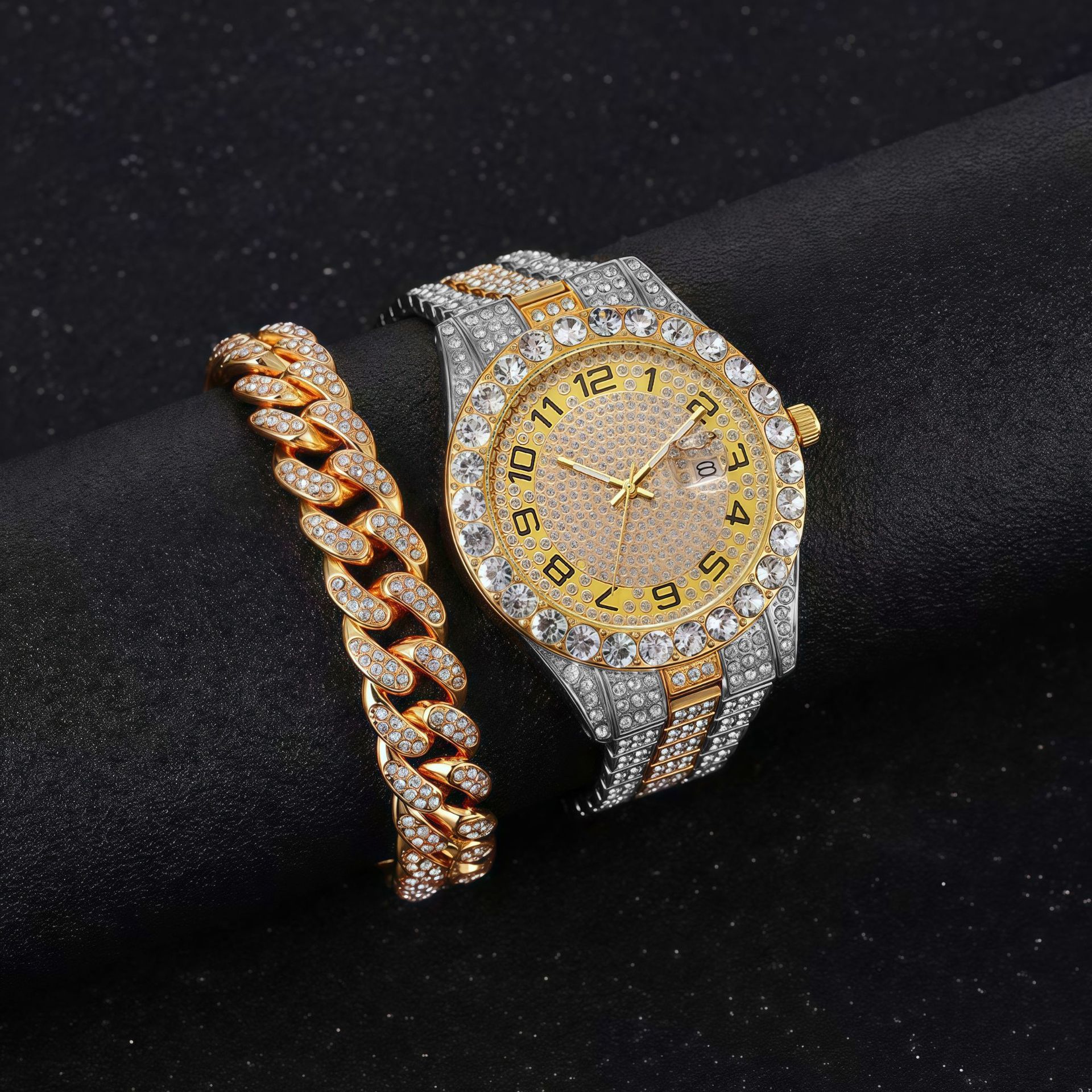 Fashion hip-hop style chain full diamond watch+diamond bracelet (2pcs/set) street brand fine steel steel belt