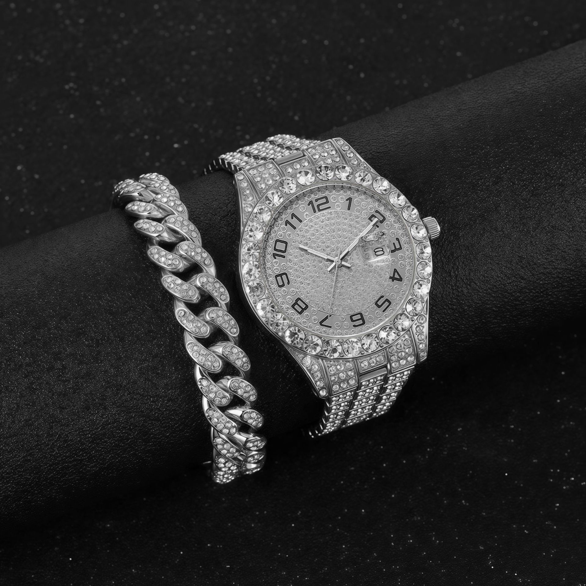 Fashion hip-hop style chain full diamond watch+diamond bracelet (2pcs/set) street brand fine steel steel belt