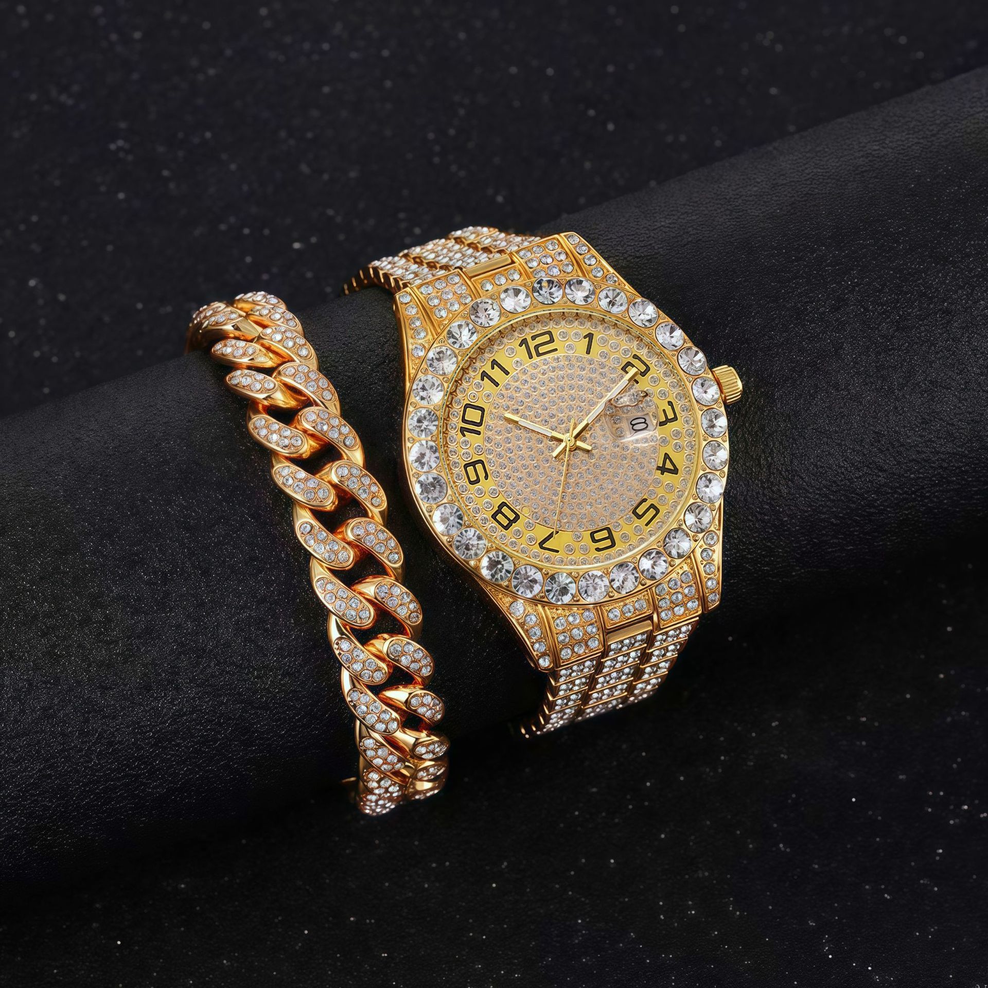 Fashion hip-hop style chain full diamond watch+diamond bracelet (2pcs/set) street brand fine steel steel belt