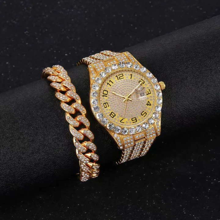 Fashion hip-hop style chain full diamond watch+diamond bracelet (2pcs/set) street brand fine steel steel belt