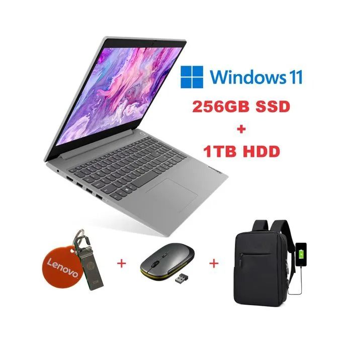 Lenovo Ideapad 3-15.6"-Intel Celeron-256GB SSD+1TB HDD-4GB RAM-Windows 11-Grey+Bag+Mouse